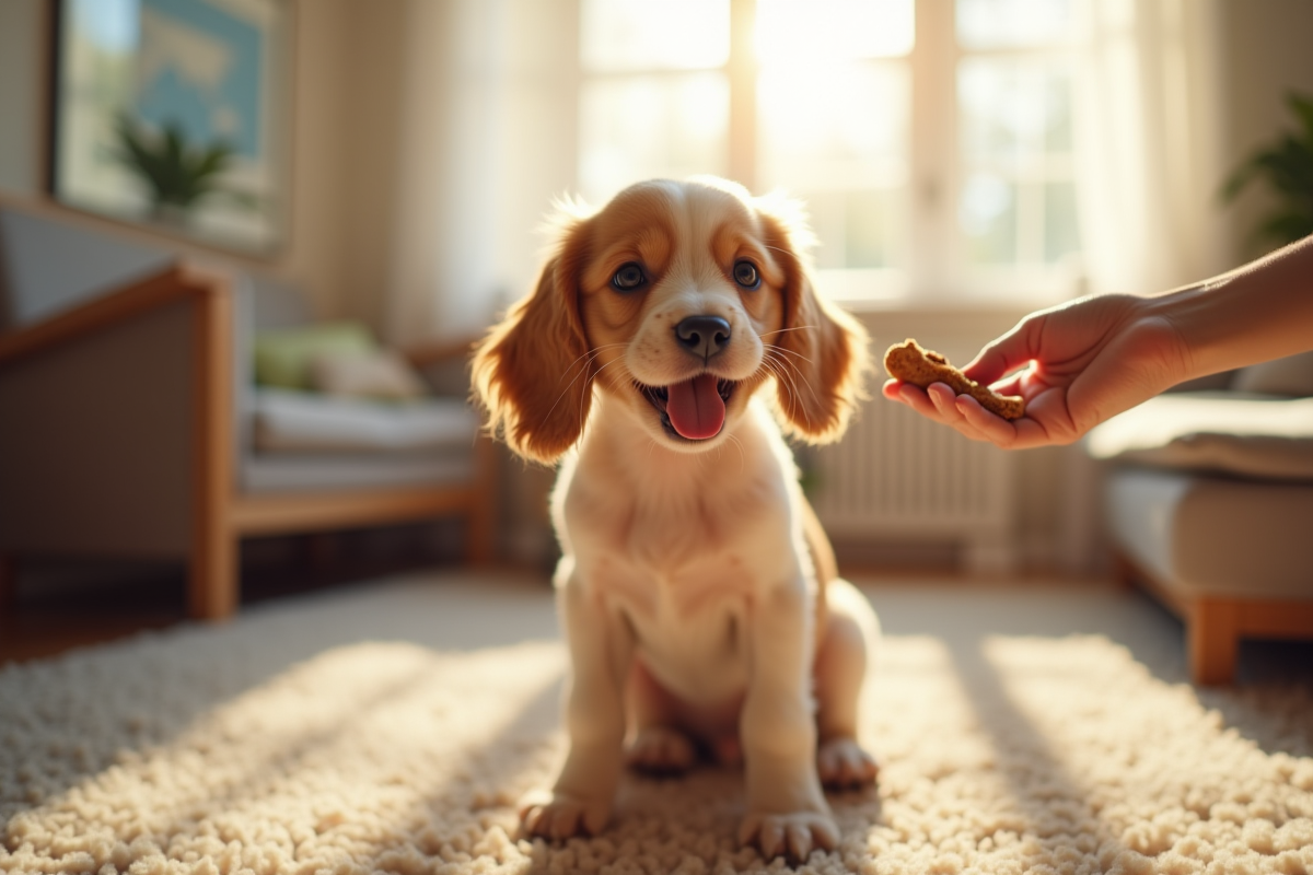 Chiot cocker spaniel joyeux dans un salon lumineux