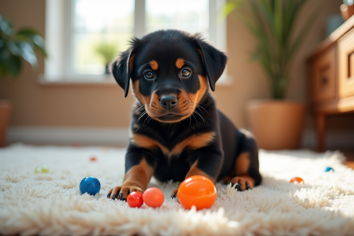 Jeune chiot rottweiler assis sur un tapis lumineux
