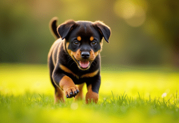 Chiot rottweiler joueur dans un parc ensoleille