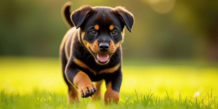 Chiot rottweiler joueur dans un parc ensoleille