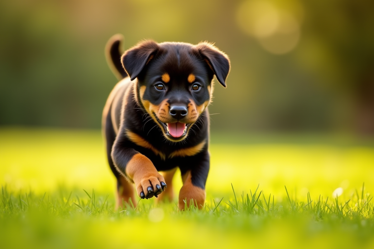 Chiot rottweiler joueur dans un parc ensoleille
