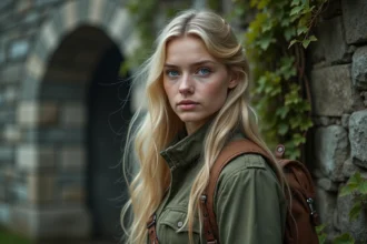 Jeune femme blonde en uniforme militaire médiéval devant un château en pierre, évoquant le personnage de Christa dans L'Attaque des Titans