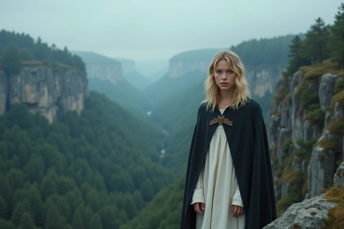 Jeune femme blonde en robe médiévale au bord d'une falaise boisée face à d'immenses murailles dans la brume, illustrant le destin royal de Christa dans L'Attaque des Titans