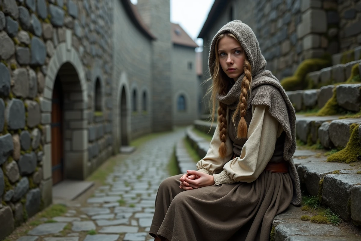 Jeune femme blonde en vêtements paysans médiévaux assise dans une cour fortifiée, symbolisant les origines humbles cachant un sang royal dans L'Attaque des Titans