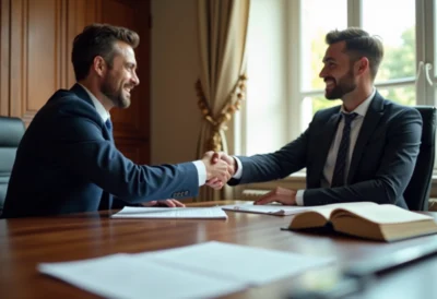 Client confiant serrant la main d'un avocat dans un bureau lumineux