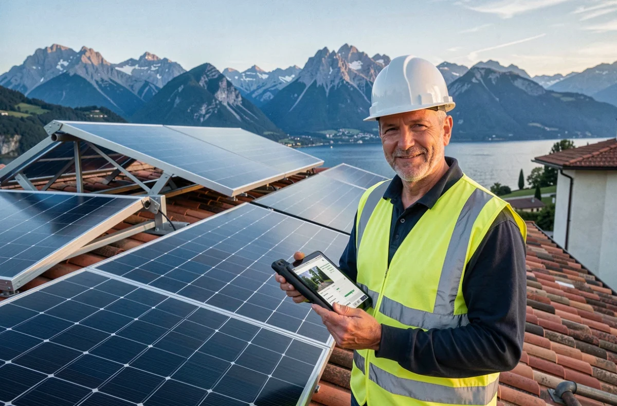 Technicien spécialisé en énergie solaire thermique sur un toit avec vue sur le lac du Bourget à Aix-les-Bains