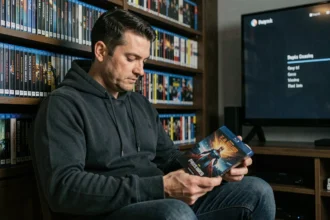 Un homme consulte sa collection de films de super-héros en Blu-ray dans une salle de cinéma maison, réfléchissant à l'ordre de visionnage