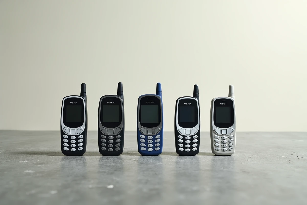 Collection de téléphones Nokia vintage alignés sur béton, du Nokia 5110 au Nokia 6210