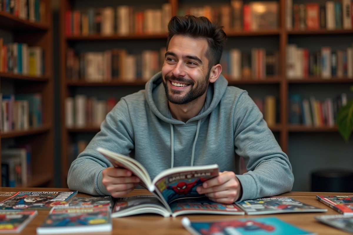 Collectionneur de comics Marvel feuilletant des bandes dessinées Spider-Man et Avengers sur une table en bois dans une librairie