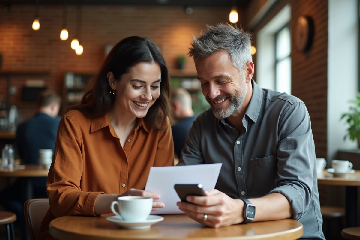 Deux collègues discutant du contenu d'ACTUTANA autour d'un café dans un café urbain authentique