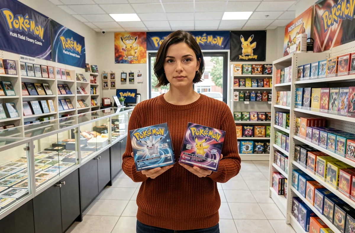 Femme comparant deux coffrets Pokémon dans une boutique officielle spécialisée en France avec des présentoirs de cartes en arrière-plan