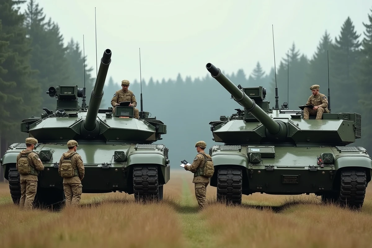 Comparaison côte à côte de deux chars de combat occidentaux lors d'un exercice OTAN, avec des soldats en tenue camouflage inspectant les véhicules blindés