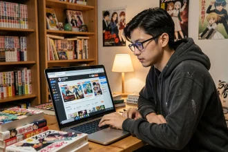 Jeune homme comparant des sites de lecture de manga en ligne sur son ordinateur portable entouré de volumes physiques