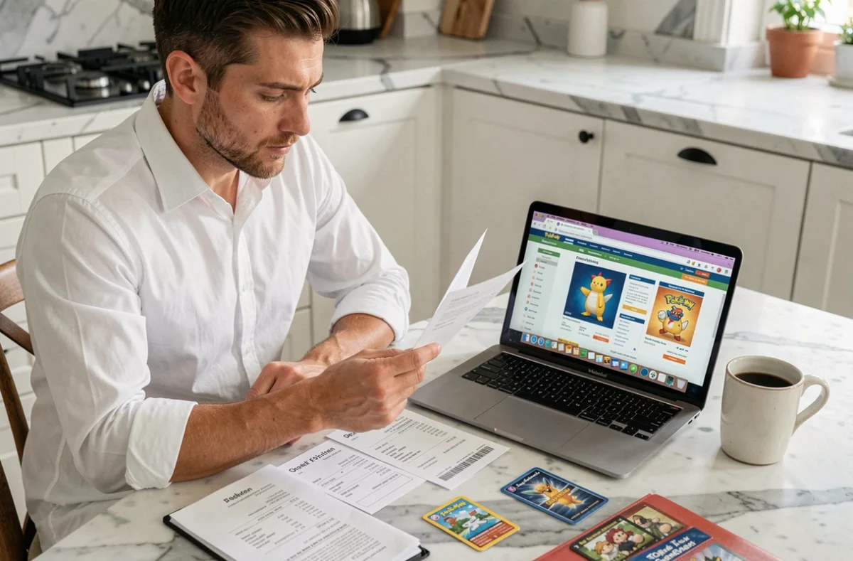 Homme comparant des avis et prix de sites Pokémon en ligne dont monpokedex face à des boutiques reconnues françaises sur son ordinateur portable
