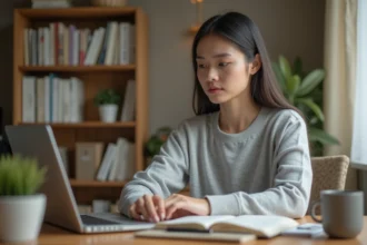 Femme contactant le support client Xikori depuis son bureau à domicile sur un ordinateur portable