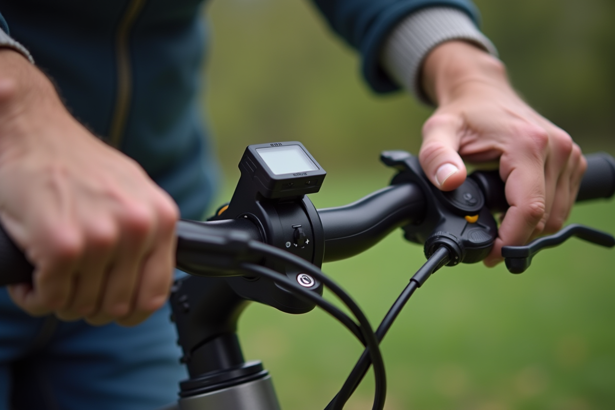 Détail des mains ajustant les commandes d un vélo électrique