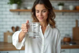 Femme tenant une tasse à mesurer avec 80ml d'eau dans une cuisine moderne, illustrant la conversion de millilitres en litres