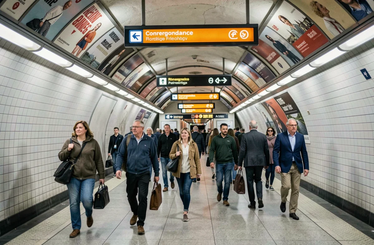 Couloir de correspondance animé dans une station de la ligne 9 du métro de Paris avec panneaux de signalisation