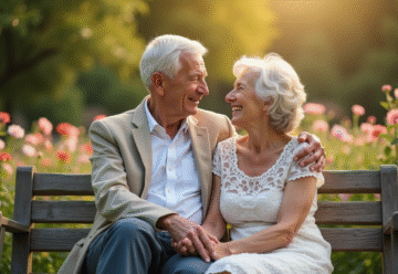Couple âgé souriant main dans la main dans un jardin en fleurs