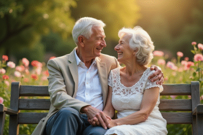 Couple âgé souriant main dans la main dans un jardin en fleurs