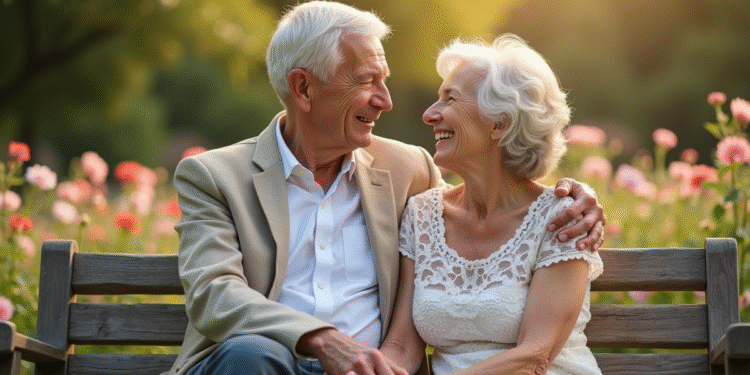Couple âgé souriant main dans la main dans un jardin en fleurs