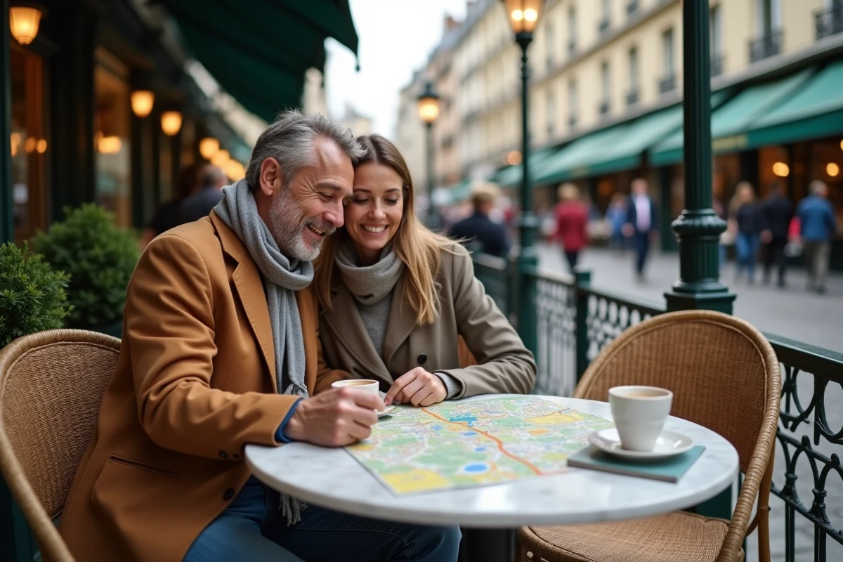 Couple planifiant leur séjour à Paris avec une carte des arrondissements sur une terrasse de café