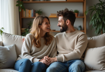 Couple en discussion dans un salon lumineux et cosy