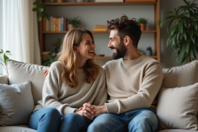 Couple en discussion dans un salon lumineux et cosy