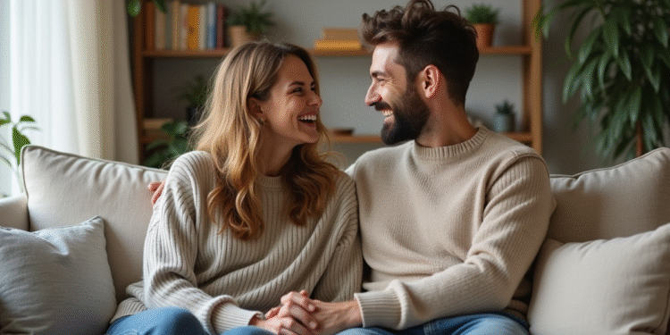 Couple en discussion dans un salon lumineux et cosy
