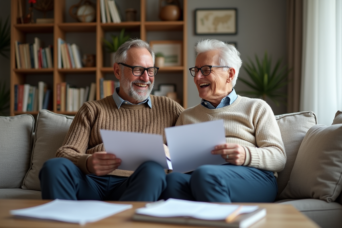 Couple discutant de documents de pret dans leur salon