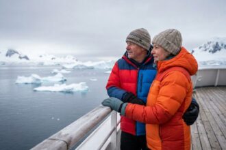 couple admirant le paysage antarctique depuis un bateau en mer