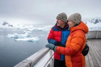 couple admirant le paysage antarctique depuis un bateau en mer