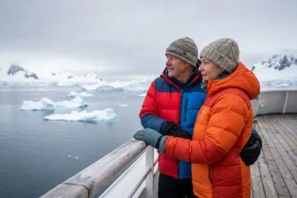 couple admirant le paysage antarctique depuis un bateau en mer