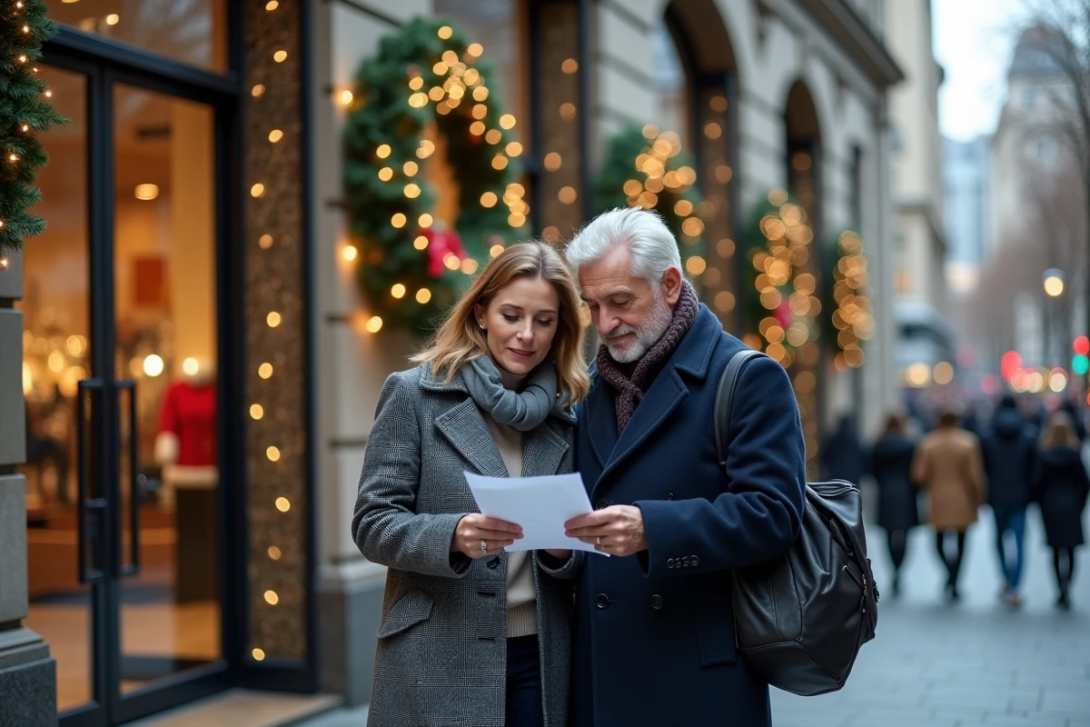 Couple consultant une liste de courses devant un grand magasin ouvert le dimanche avant Noël
