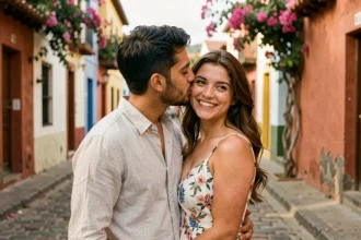 Couple latino se murmurant des mots doux en espagnol dans une rue colorée d'Amérique latine