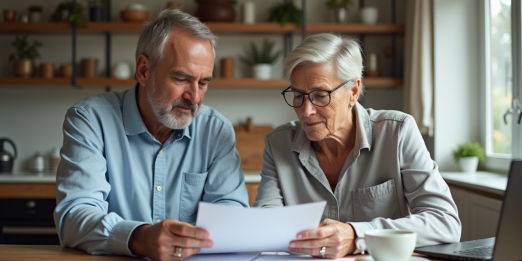 Couple d'adultes lisant des documents de prêt immobilier