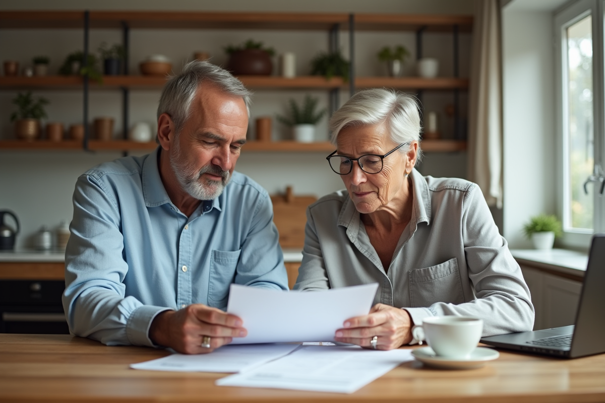 Couple d'adultes lisant des documents de prêt immobilier