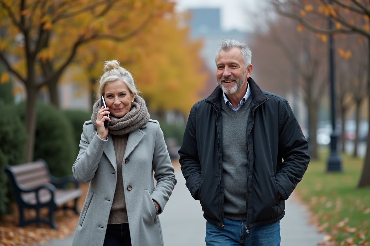 Couple marche dans un parc urbain en discutant au téléphone
