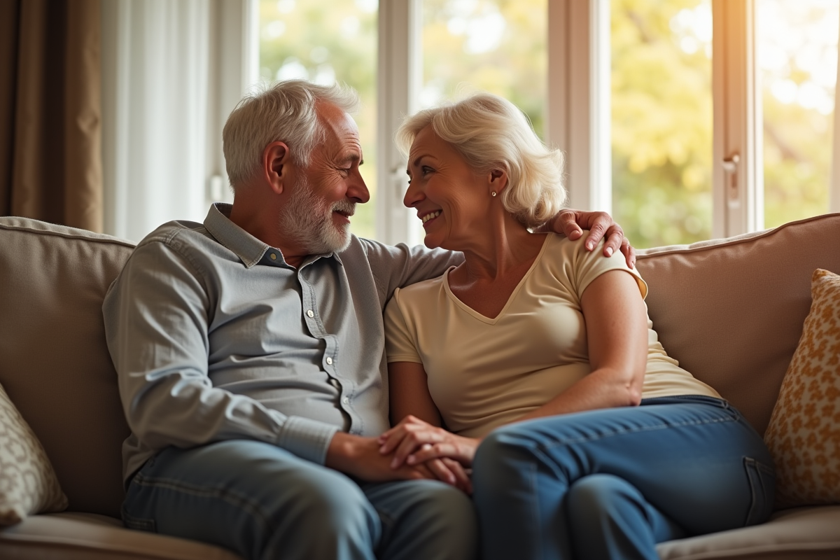 Couple d'âge moyen assis sur un canapé lumineux