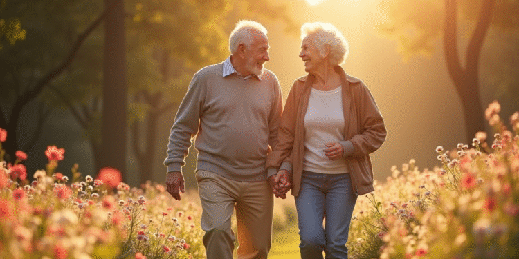 Couple âgé main dans la main dans un parc en fleurs