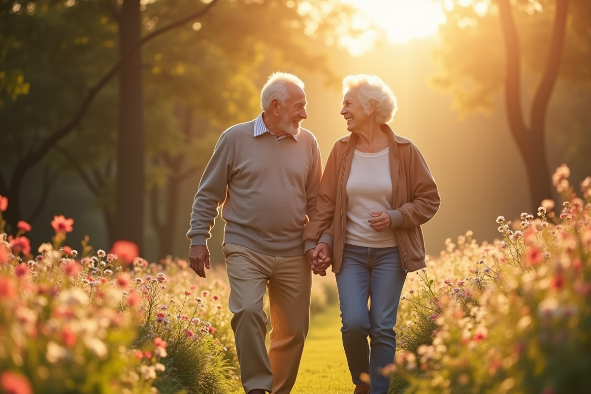 Couple âgé main dans la main dans un parc en fleurs