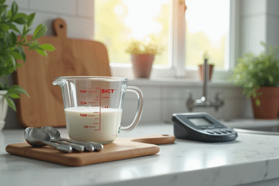 Verre doseur à moitié rempli avec cuillères à mesurer en acier inoxydable