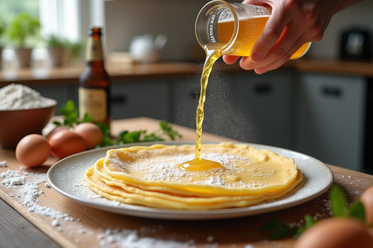 Cuisinier versant bière dans la pâte à crêpes en cuisine