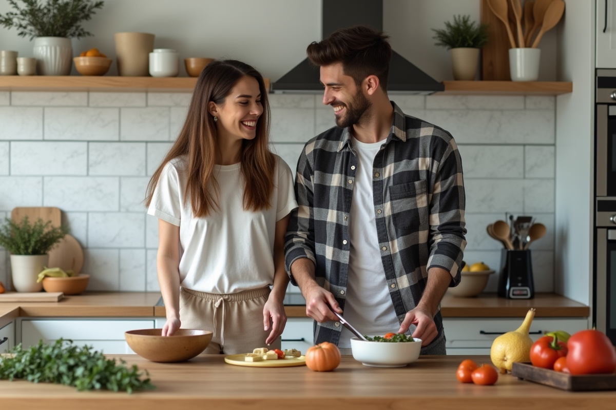 Jeune couple préparant un repas dans une cuisine moderne