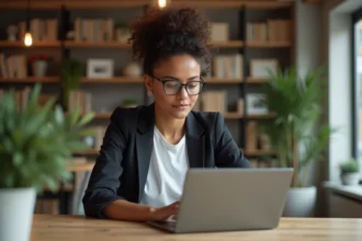 Femme découvrant des informations inconnues sur ACTUTANA depuis son ordinateur portable dans un bureau moderne