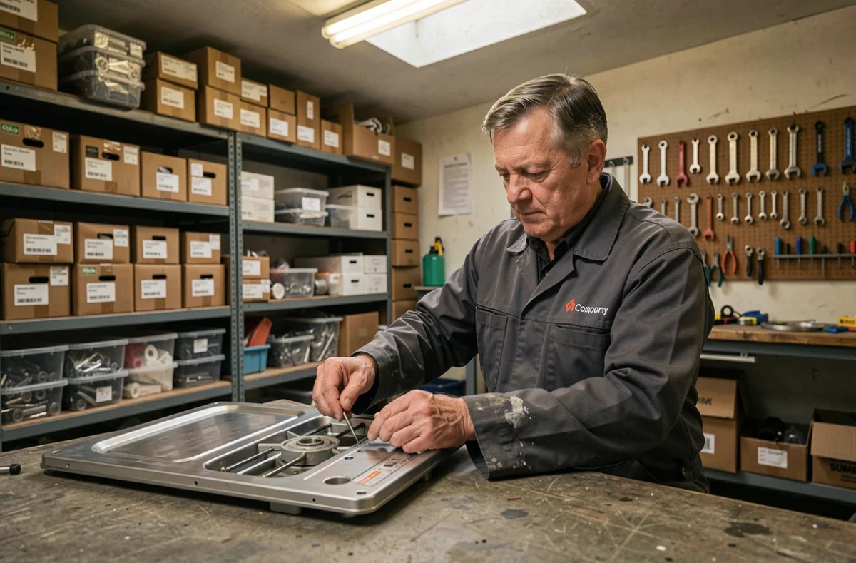 Technicien de Dépan Ménager Service réparant un lave-vaisselle dans un atelier professionnel