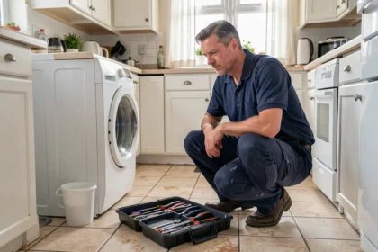 Technicien en dépannage d'électroménager intervenant dans une cuisine domestique en Haute-Garonne
