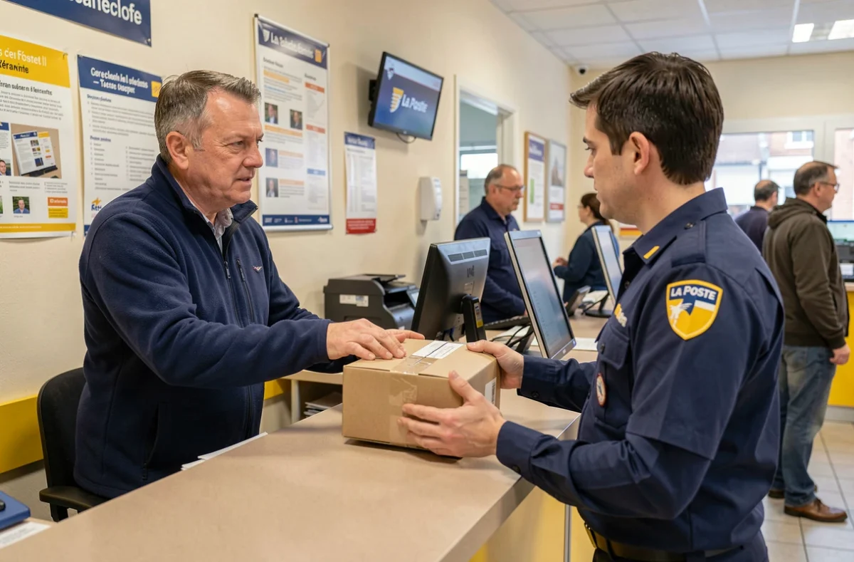 Client déposant un colis en retour Colissimo au comptoir d'un bureau de La Poste