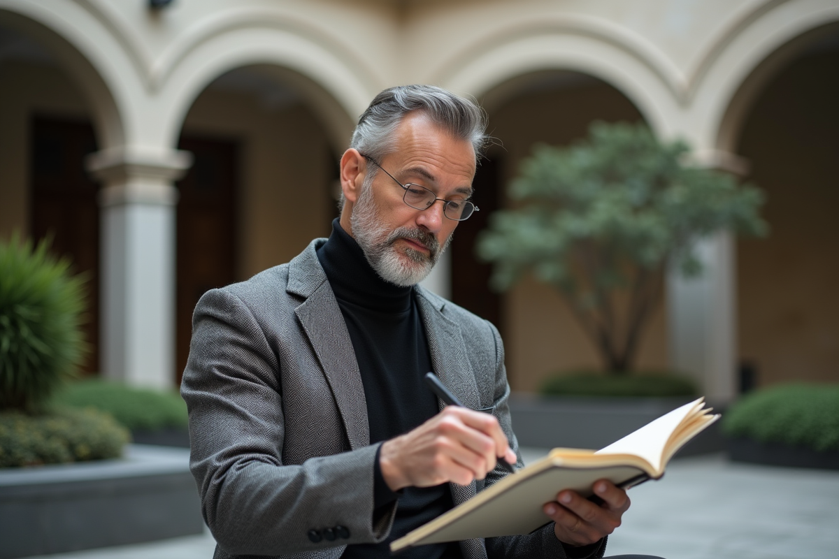 Designer homme en extérieur dans une cour urbaine
