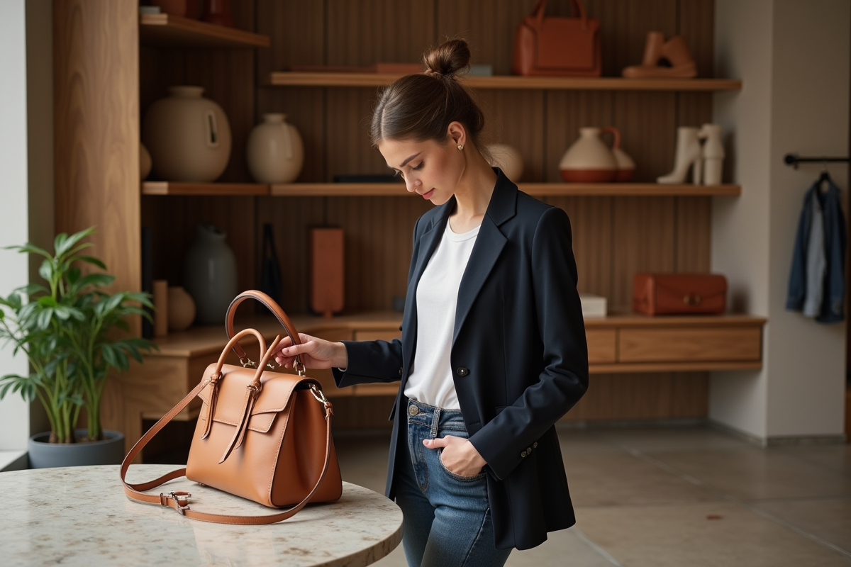Jeune designer examine un sac en cuir dans une boutique élégante